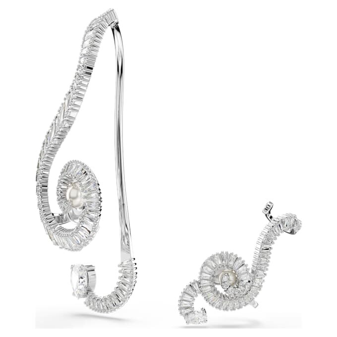 Ariana Grande X Swarovski Clip Earrings Asymmetrical Design, Crystal Pearl, Baguette Cut, White, Rhodium Plated Ariana Grande X Swarovski Clip Earrings Asymmetrical Design, Crystal Pearl, Baguette Cut, White, Rhodium Plated