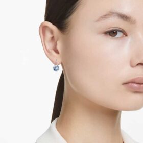Bella V Drop Earrings Round Cut, Blue, Rhodium Plated