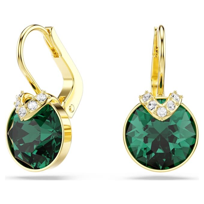 Bella V Drop Earrings Round Cut, Green, Gold-Tone Plated Bella V Drop Earrings Round Cut, Green, Gold-Tone Plated