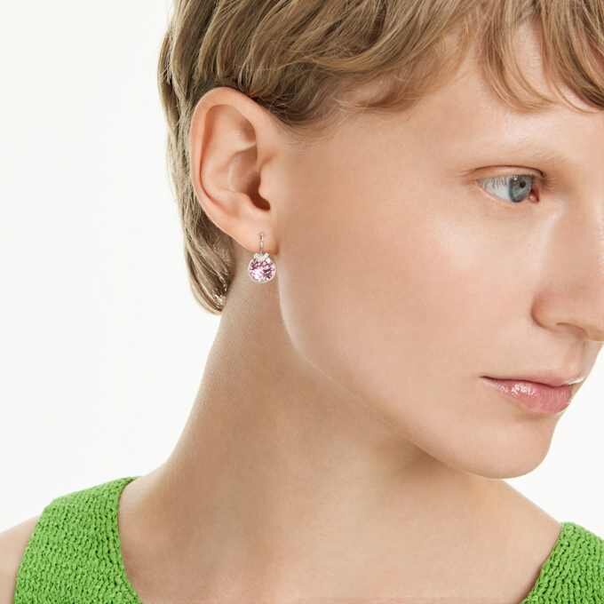 Bella V Drop Earrings Round Cut, Pink, Rhodium Plated Bella V Drop Earrings Round Cut, Pink, Rhodium Plated