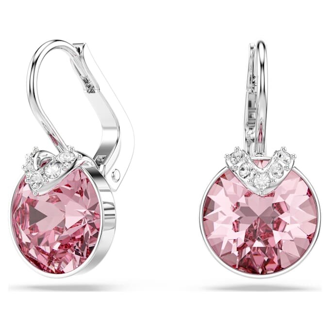 Bella V Drop Earrings Round Cut, Pink, Rhodium Plated Bella V Drop Earrings Round Cut, Pink, Rhodium Plated