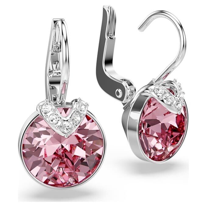 Bella V Drop Earrings Round Cut, Pink, Rhodium Plated Bella V Drop Earrings Round Cut, Pink, Rhodium Plated