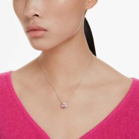 Bella V Pendant Round Cut, Pink, Rhodium Plated