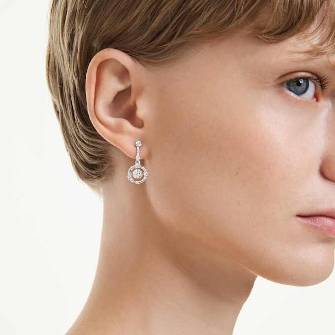 Constella Drop Earrings Round Cut, Dancing Stone, White, Rhodium Plated Constella Drop Earrings Round Cut, Dancing Stone, White, Rhodium Plated