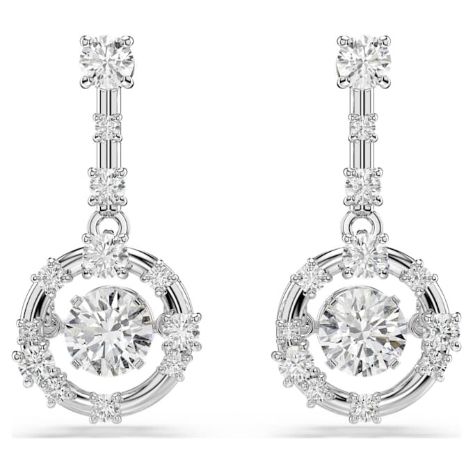 Constella Drop Earrings Round Cut, Dancing Stone, White, Rhodium Plated Constella Drop Earrings Round Cut, Dancing Stone, White, Rhodium Plated