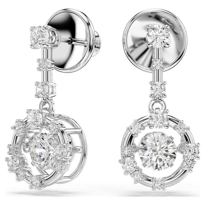 Constella Drop Earrings Round Cut, Dancing Stone, White, Rhodium Plated Constella Drop Earrings Round Cut, Dancing Stone, White, Rhodium Plated