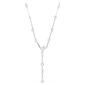 Constella Y Necklace Crystal Pearl, Round Cuts, White, Rhodium Plated