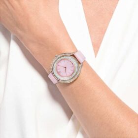 Crystalline Aura Watch Swiss Made, Leather Strap, Pink, Rose Gold-Tone Finish