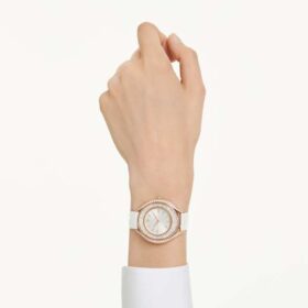 Crystalline Aura Watch Swiss Made, Leather Strap, White, Rose Gold-Tone Finish