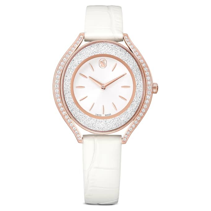 Crystalline Aura Watch Swiss Made, Leather Strap, White, Rose Gold-Tone Finish Crystalline Aura Watch Swiss Made, Leather Strap, White, Rose Gold-Tone Finish
