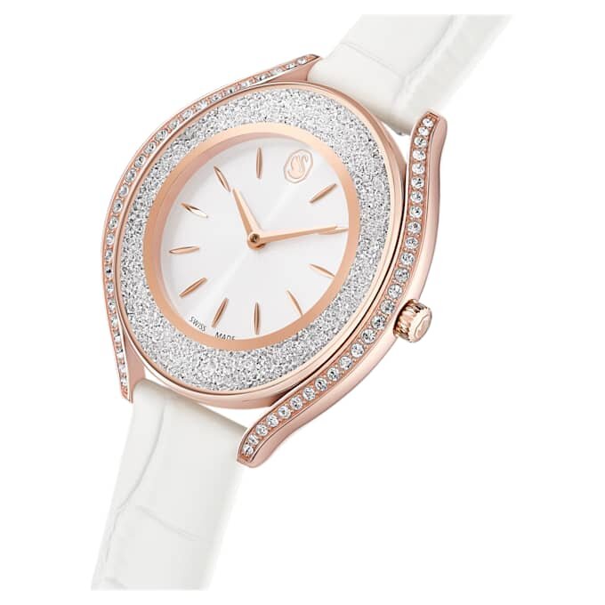 Crystalline Aura Watch Swiss Made, Leather Strap, White, Rose Gold-Tone Finish Crystalline Aura Watch Swiss Made, Leather Strap, White, Rose Gold-Tone Finish
