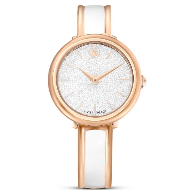 Crystalline Bangle Watch Swiss Made, Metal Bracelet, White, Rose Gold-Tone Finish Crystalline Bangle Watch Swiss Made, Metal Bracelet, White, Rose Gold-Tone Finish
