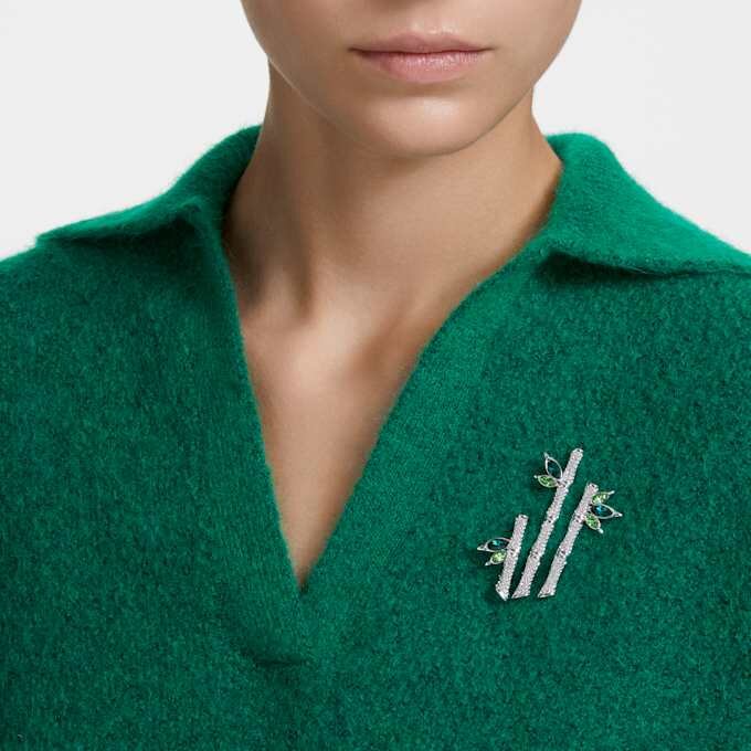Dellium Brooch Bamboo, Green, Rhodium Plated Dellium Brooch Bamboo, Green, Rhodium Plated