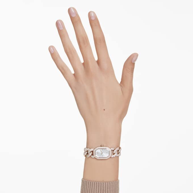 Dextera Chain Watch Swiss Made, Crystal Bracelet, White, Champagne Gold-Tone Finish Dextera Chain Watch Swiss Made, Crystal Bracelet, White, Champagne Gold-Tone Finish