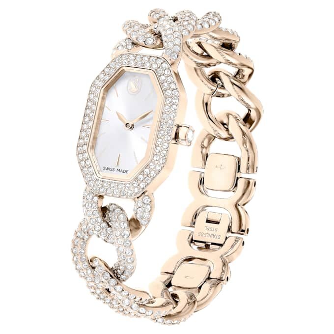 Dextera Chain Watch Swiss Made, Crystal Bracelet, White, Champagne Gold-Tone Finish Dextera Chain Watch Swiss Made, Crystal Bracelet, White, Champagne Gold-Tone Finish