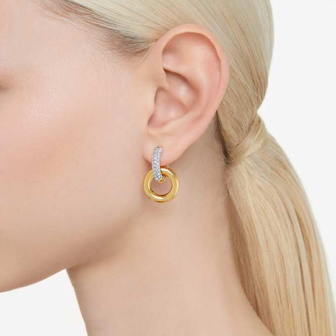 Dextera Hoop Earrings Asymmetrical Design, Interlocking Loop, White, Gold-Tone Plated Dextera Hoop Earrings Asymmetrical Design, Interlocking Loop, White, Gold-Tone Plated