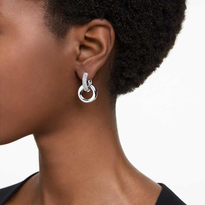Dextera Hoop Earrings Asymmetrical Design, Interlocking Loop, White, Rhodium Plated Dextera Hoop Earrings Asymmetrical Design, Interlocking Loop, White, Rhodium Plated
