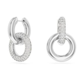 Dextera Hoop Earrings Asymmetrical Design, Interlocking Loop, White, Rhodium Plated Dextera Hoop Earrings Asymmetrical Design, Interlocking Loop, White, Rhodium Plated