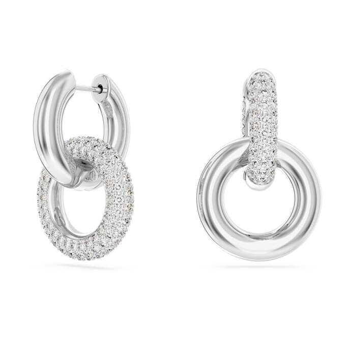 Dextera Hoop Earrings Asymmetrical Design, Interlocking Loop, White, Rhodium Plated Dextera Hoop Earrings Asymmetrical Design, Interlocking Loop, White, Rhodium Plated