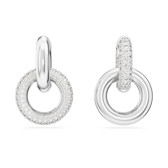 Dextera Hoop Earrings Asymmetrical Design, Interlocking Loop, White, Rhodium Plated Dextera Hoop Earrings Asymmetrical Design, Interlocking Loop, White, Rhodium Plated