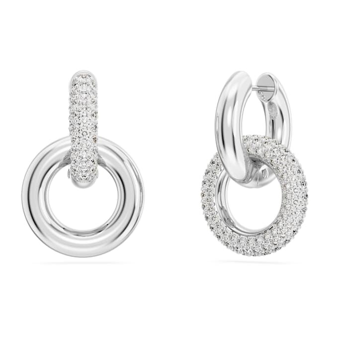 Dextera Hoop Earrings Asymmetrical Design, Interlocking Loop, White, Rhodium Plated Dextera Hoop Earrings Asymmetrical Design, Interlocking Loop, White, Rhodium Plated
