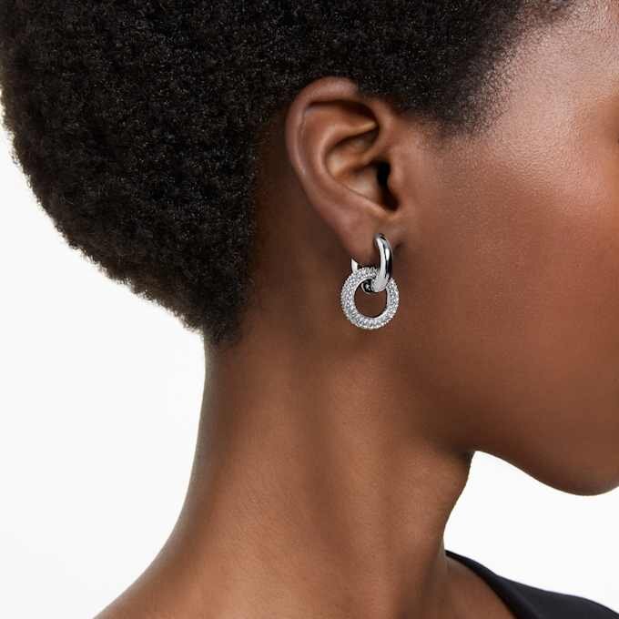 Dextera Hoop Earrings Asymmetrical Design, Interlocking Loop, White, Rhodium Plated Dextera Hoop Earrings Asymmetrical Design, Interlocking Loop, White, Rhodium Plated