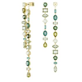 Gema Drop Earrings Asymmetrical Design, Mixed Cuts, Extra Long, Green, Gold-Tone Plated