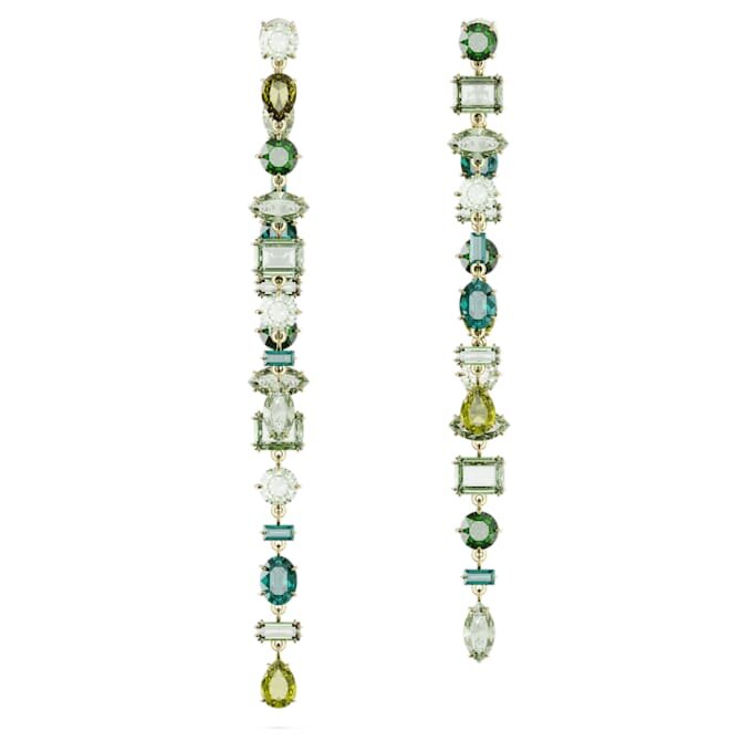 Gema Drop Earrings Asymmetrical Design, Mixed Cuts, Extra Long, Green, Gold-Tone Plated Gema Drop Earrings Asymmetrical Design, Mixed Cuts, Extra Long, Green, Gold-Tone Plated