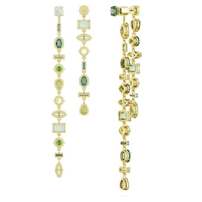 Gema Drop Earrings Asymmetrical Design, Mixed Cuts, Extra Long, Green, Gold-Tone Plated Gema Drop Earrings Asymmetrical Design, Mixed Cuts, Extra Long, Green, Gold-Tone Plated