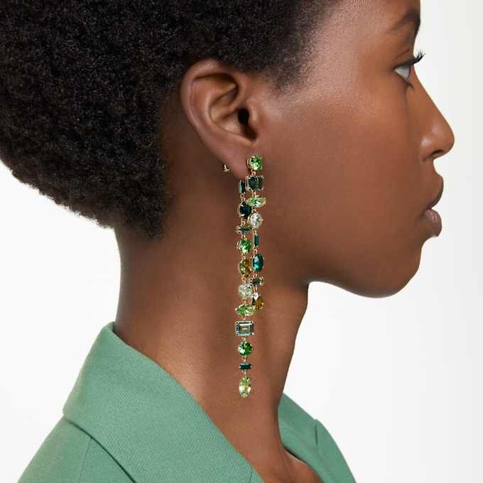 Gema Drop Earrings Asymmetrical Design, Mixed Cuts, Extra Long, Green, Gold-Tone Plated Gema Drop Earrings Asymmetrical Design, Mixed Cuts, Extra Long, Green, Gold-Tone Plated