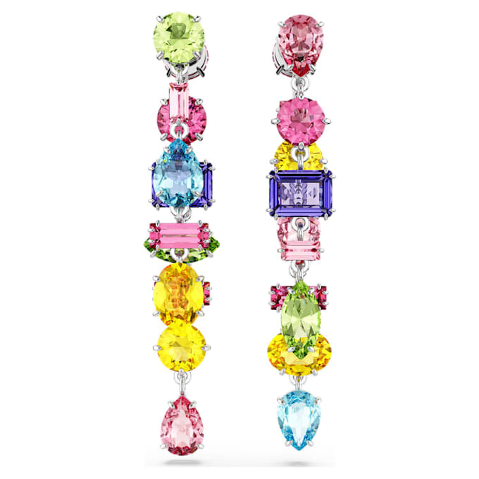 Gema Drop Earrings Asymmetrical Design, Mixed Cuts, Long, Multicolored, Rhodium Plated Gema Drop Earrings Asymmetrical Design, Mixed Cuts, Long, Multicolored, Rhodium Plated