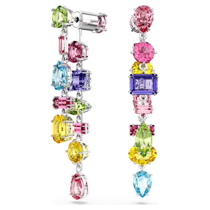 Gema Drop Earrings Asymmetrical Design, Mixed Cuts, Long, Multicolored, Rhodium Plated Gema Drop Earrings Asymmetrical Design, Mixed Cuts, Long, Multicolored, Rhodium Plated