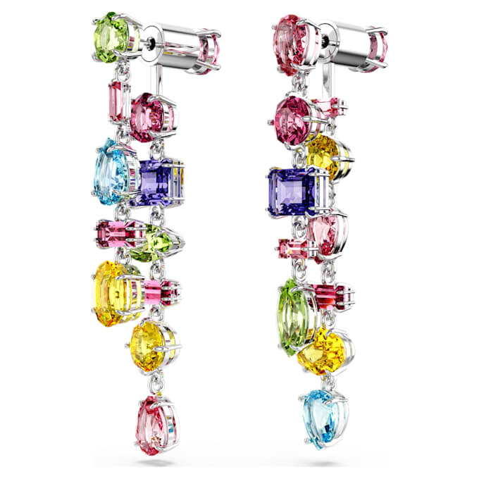 Gema Drop Earrings Asymmetrical Design, Mixed Cuts, Long, Multicolored, Rhodium Plated Gema Drop Earrings Asymmetrical Design, Mixed Cuts, Long, Multicolored, Rhodium Plated