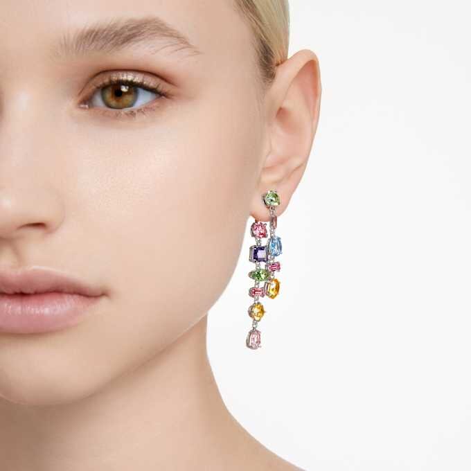 Gema Drop Earrings Asymmetrical Design, Mixed Cuts, Long, Multicolored, Rhodium Plated Gema Drop Earrings Asymmetrical Design, Mixed Cuts, Long, Multicolored, Rhodium Plated
