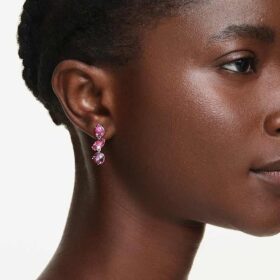Gema Drop Earrings Mixed Cuts, Pink, Rhodium Plated