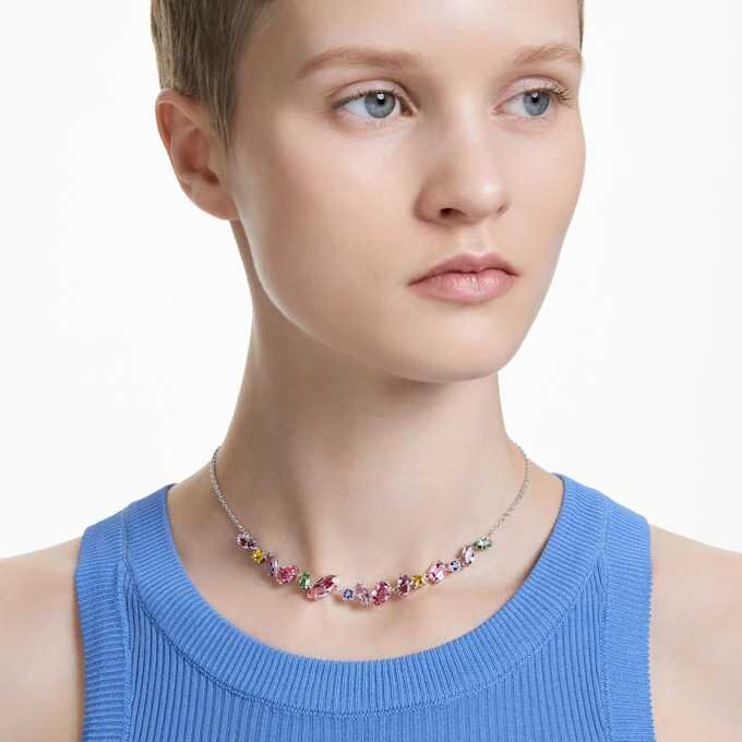 Gema Necklace Mixed Cuts, Multicolored, Rhodium Plated Gema Necklace Mixed Cuts, Multicolored, Rhodium Plated