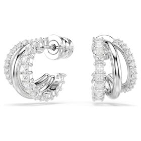 Hyperbola Hoop Earrings Round Cut, Mini, White, Rhodium Plated