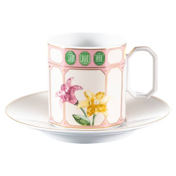 Idyllia Coffee Cup with Saucer Porcelain, Crystal Print Motif, Flower, Multicolored Idyllia Coffee Cup with Saucer Porcelain, Crystal Print Motif, Flower, Multicolored