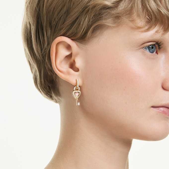 Idyllia Drop Earrings with Ear Cuff Mixed Cuts, Heart with Key, Pink, Gold-Tone Plated Idyllia Drop Earrings with Ear Cuff Mixed Cuts, Heart with Key, Pink, Gold-Tone Plated