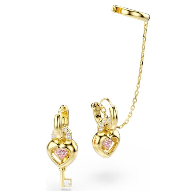 Idyllia Drop Earrings with Ear Cuff Mixed Cuts, Heart with Key, Pink, Gold-Tone Plated Idyllia Drop Earrings with Ear Cuff Mixed Cuts, Heart with Key, Pink, Gold-Tone Plated