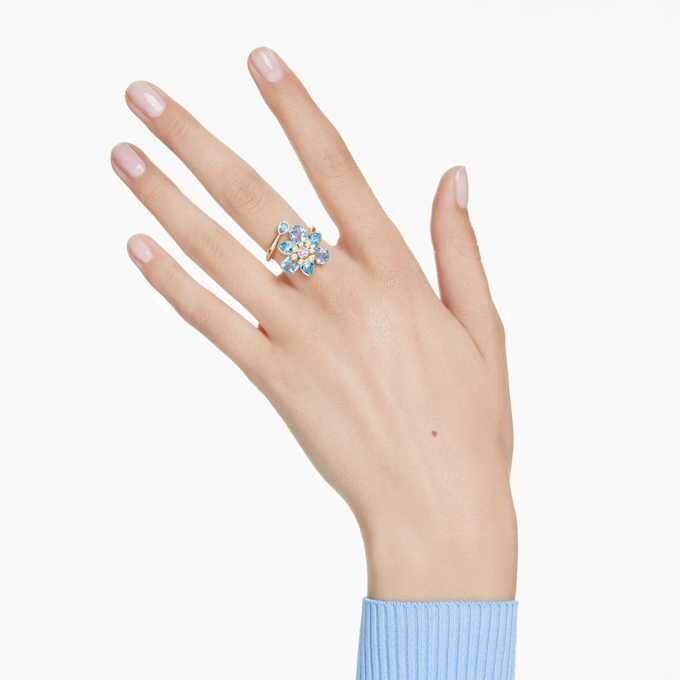 Idyllia Open Ring Mixed Cuts, Flower, Blue, Gold-Tone Plated Idyllia Open Ring Mixed Cuts, Flower, Blue, Gold-Tone Plated