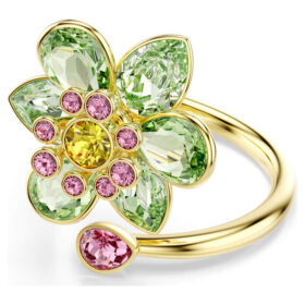 Idyllia Open Ring Mixed Cuts, Flower, Green, Gold-Tone Plated