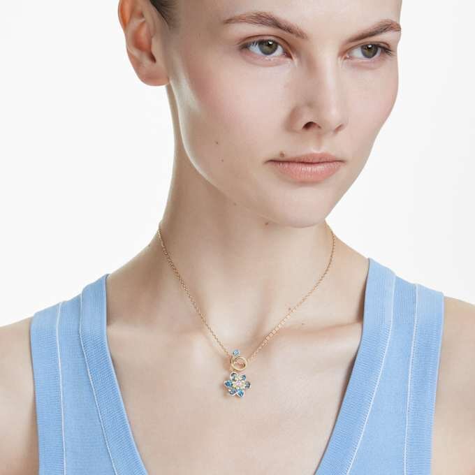 Idyllia Pendant Mixed Cuts, Flower, Blue, Gold-Tone Plated Idyllia Pendant Mixed Cuts, Flower, Blue, Gold-Tone Plated