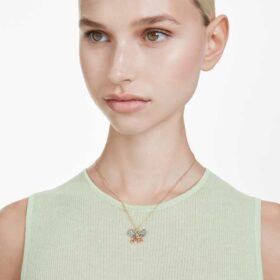 Idyllia Pendant Mixed Cuts, Pavé, Butterfly, Multicolored, Gold-Tone Plated