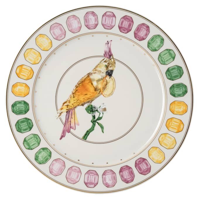 Idyllia Service Plate Porcelain, Crystal Print Motif, Cockatoo, Multicolored Idyllia Service Plate Porcelain, Crystal Print Motif, Cockatoo, Multicolored