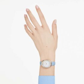Imber Oval Watch Swiss Made, Leather Strap, Blue, Champagne Gold-Tone Finish