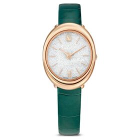 Imber Oval Watch Swiss Made, Leather Strap, Green, Rose Gold-Tone Finish