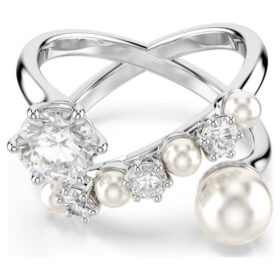 Matrix Cocktail Ring Crystal Pearl, Round Cut, White, Rhodium Plated
