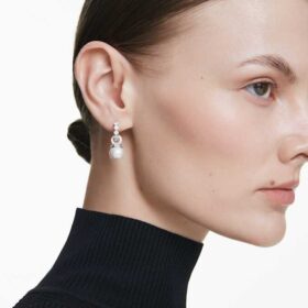Matrix Drop Earrings Crystal Pearl, Round Cut, White, Rhodium Plated