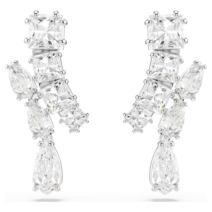 Matrix Drop Earrings Mixed Cuts, White, Rhodium Plated Matrix Drop Earrings Mixed Cuts, White, Rhodium Plated